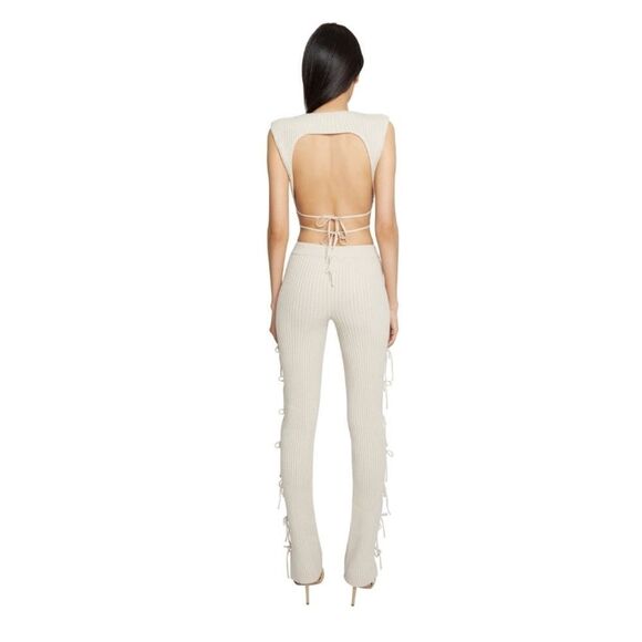 Guizio Cashmere Ribbed Knit Tie Pants and Cropped Top Small Oatmeal Revolve - Picture 4 of 16